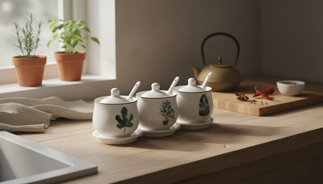 Japanese-Style Ceramic Spice Jars with Tray + Spoons