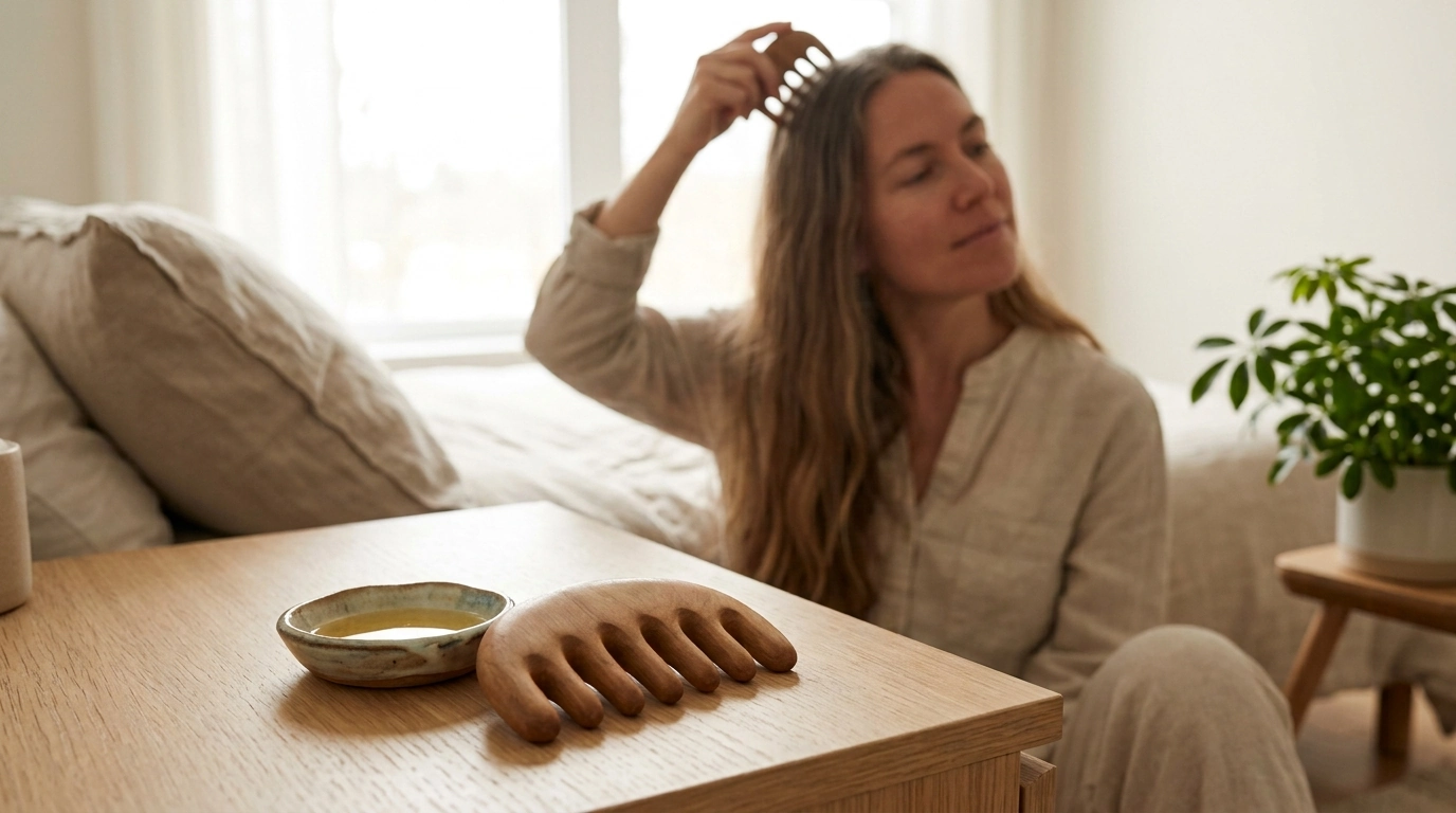 Sandalwood Six-Claw Massage Comb + Gua Sha Edge Guide