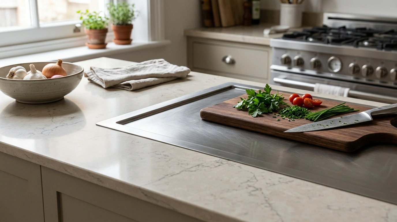 Newest Kitchen Countertop Trend: Quartz + Steel Zones